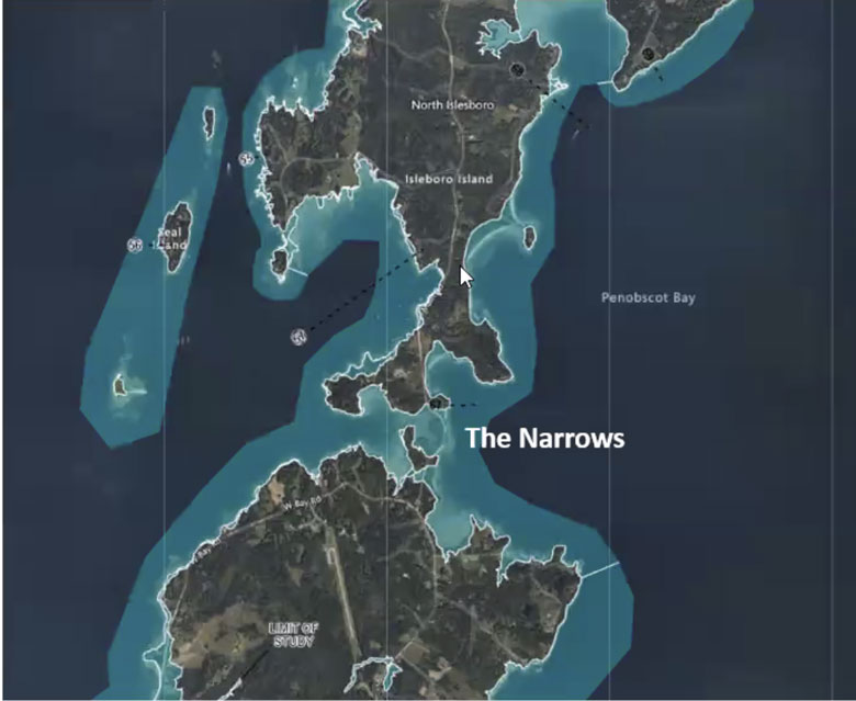 A map showing the Narrows on Islesboro